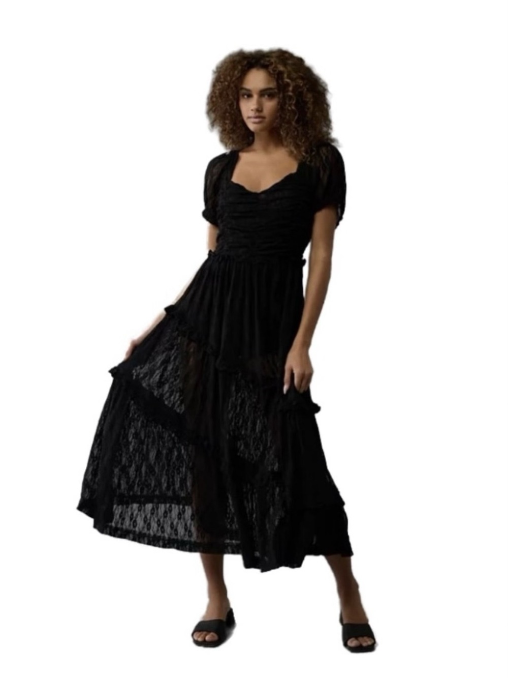 American Eagle Outfitters Black Lace Tiered Midi Dress